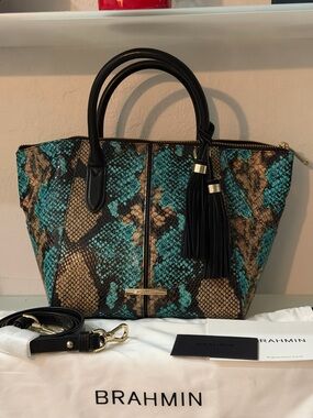 Brahmin NWT  Birds of Paradise Camille Teal and Black Snake-Print Satchel